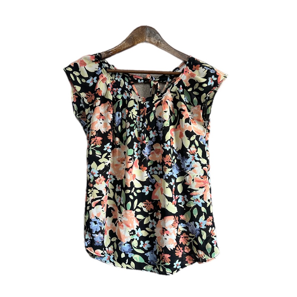 LC Lauren Conrad Floral Blouse Women XS Black Multicolor Excellent Cap Sleeve